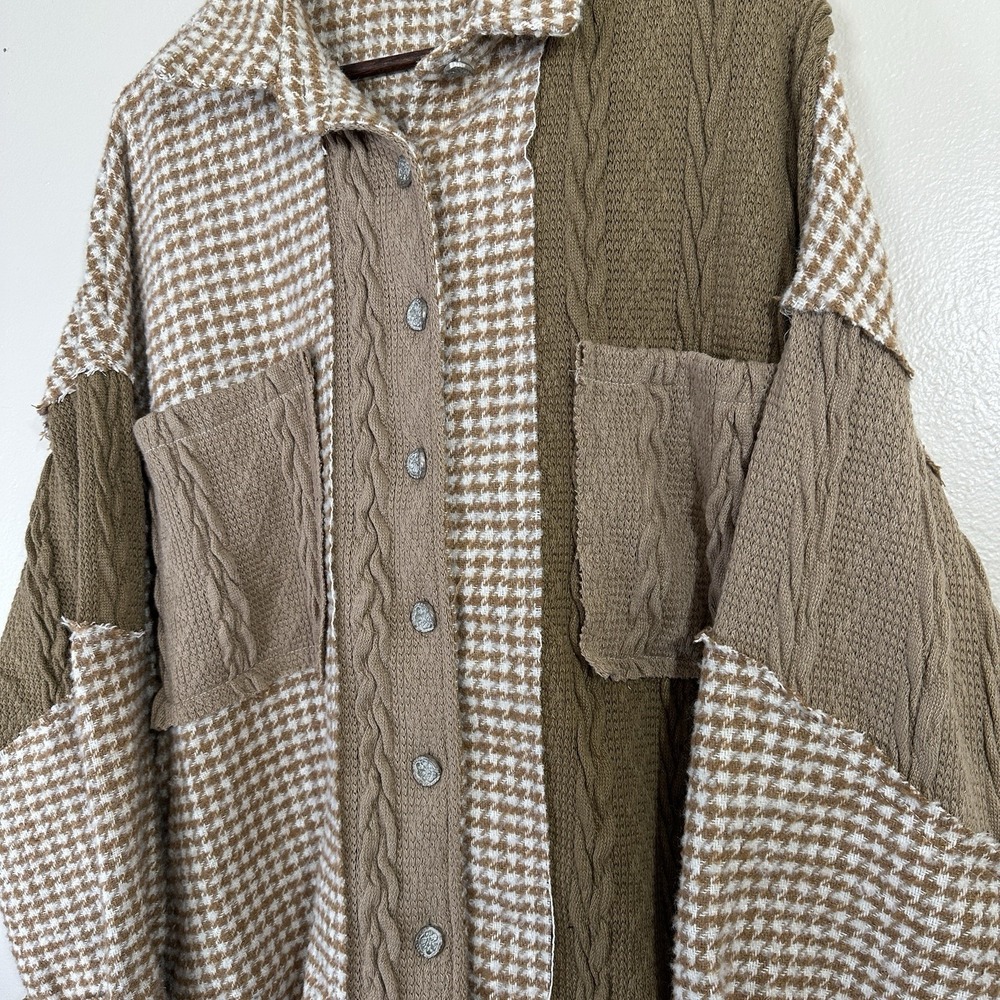 POL Women's M Houndstooth Panel Shacket Mocha Multi Oversized Button Bohemian - Picture 4 of 7